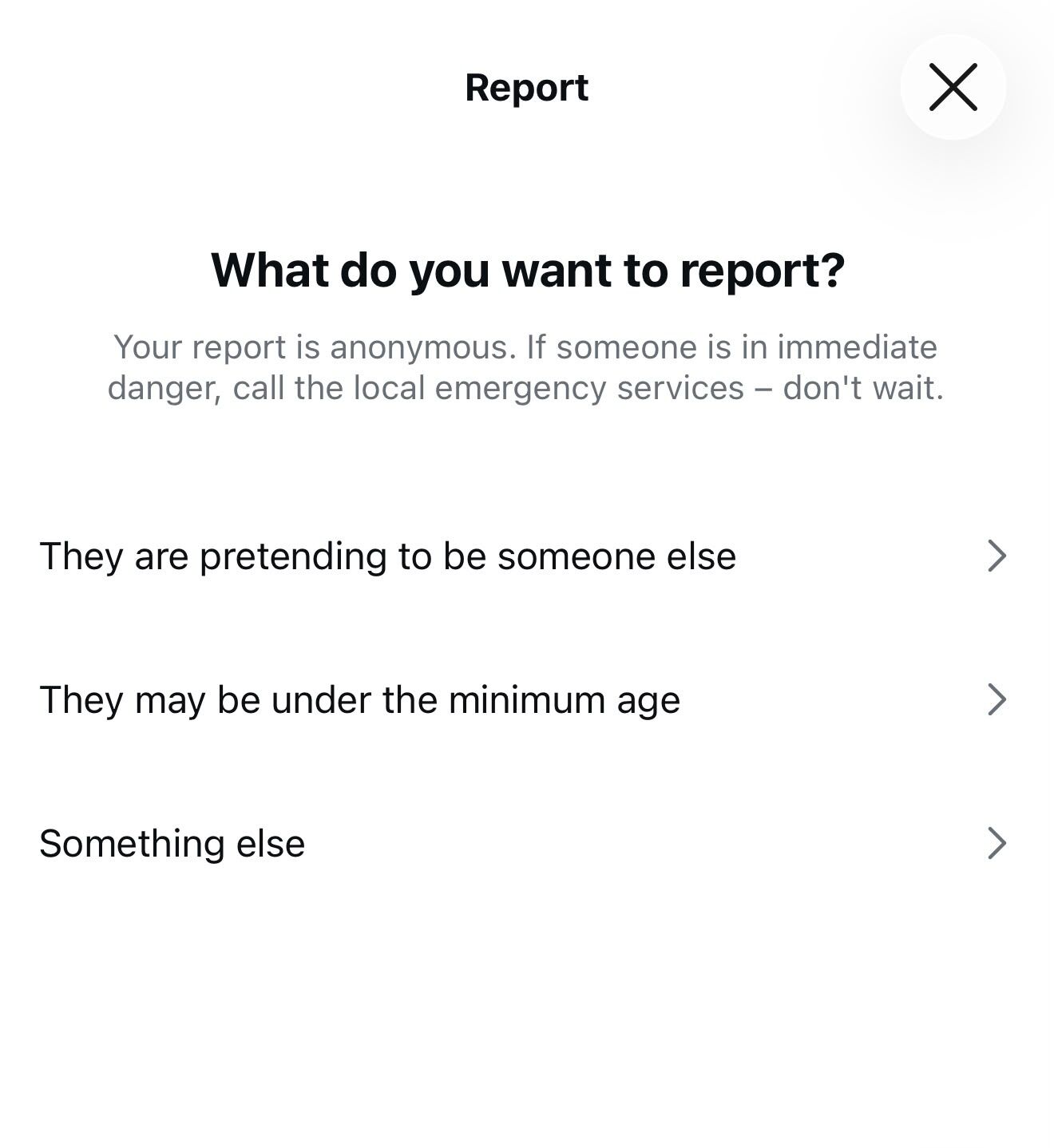 Instagram Report screen showing 'What do you want to report?' with 'They are pretending to be someone else' as the correct option for reporting an impersonating account