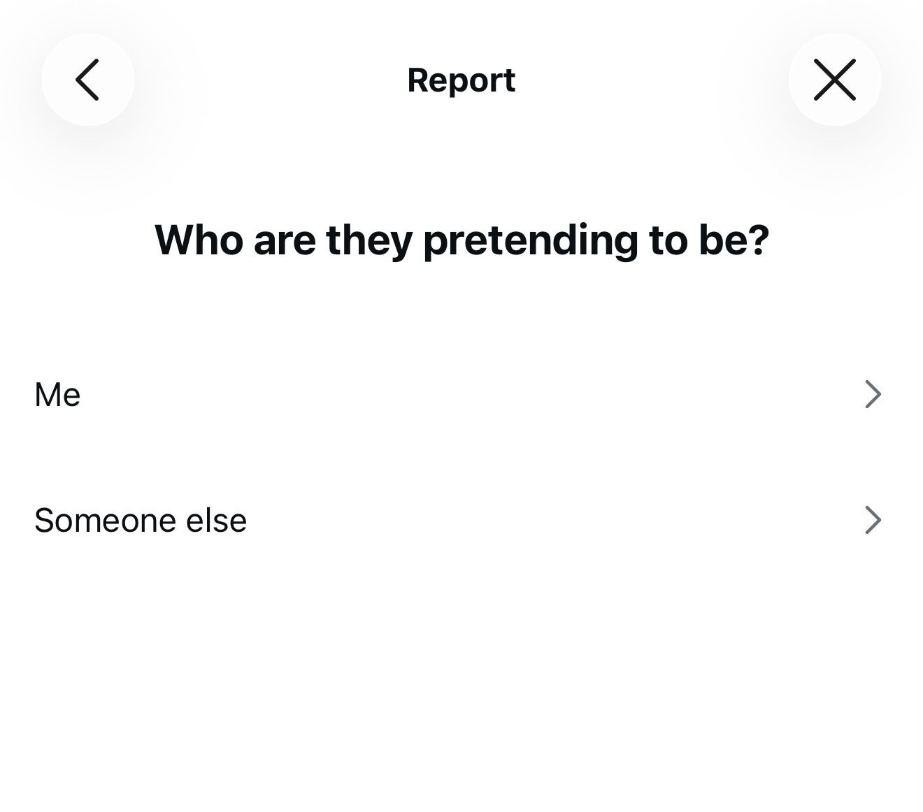 Instagram Report screen showing 'Who are they pretending to be?' — select 'Me' when reporting a fake account using your identity