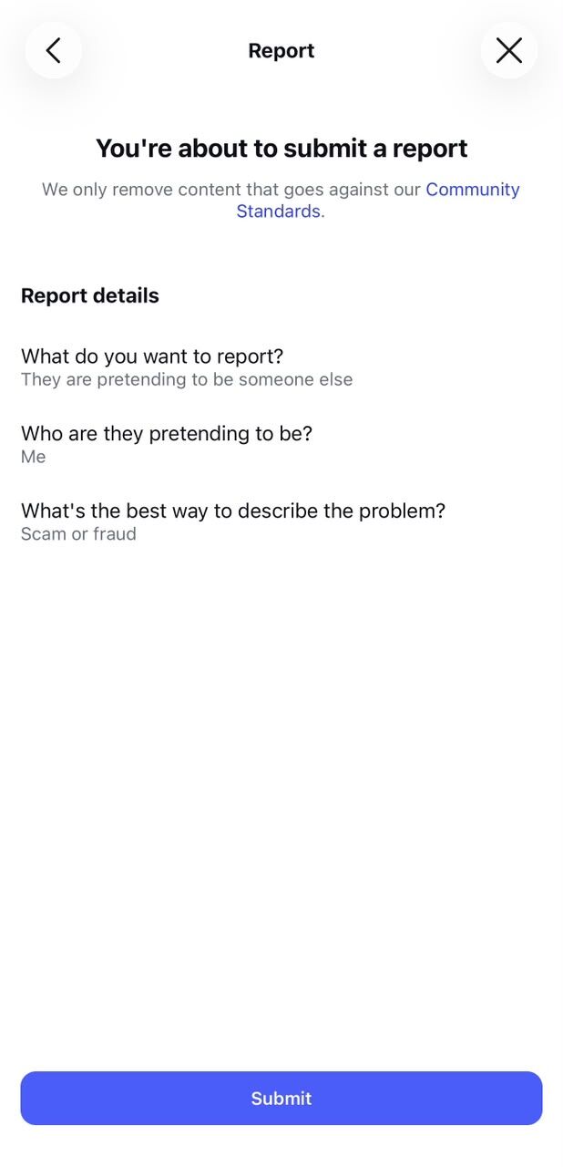 Instagram report confirmation screen showing your completed report details — 'They are pretending to be someone else,' 'Me,' 'Scam or fraud' — ready to submit